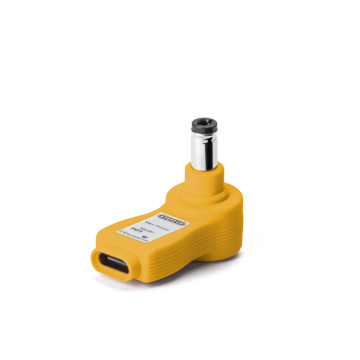 Punta myVolts Step-Up PDT12N1 de 12V DC en color amarillo mostaza, vista frontal con el puerto USB-C y la etiqueta de especificaciones