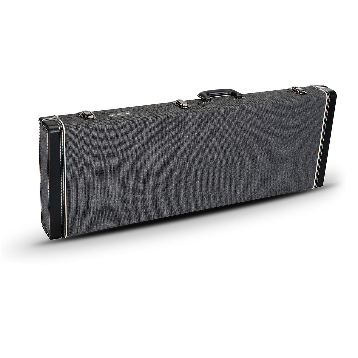 Estuche de madera Road Runner Boulevard Series tweed negro, vista frontal en ángulo, cerrado