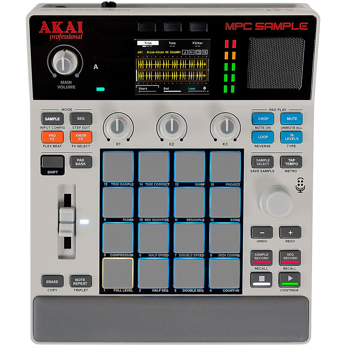 Akai MPC Sample vista superior con pantalla a color, perillas y pads