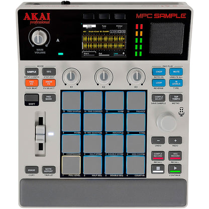 Akai MPC Sample vista superior con pantalla a color, perillas y pads