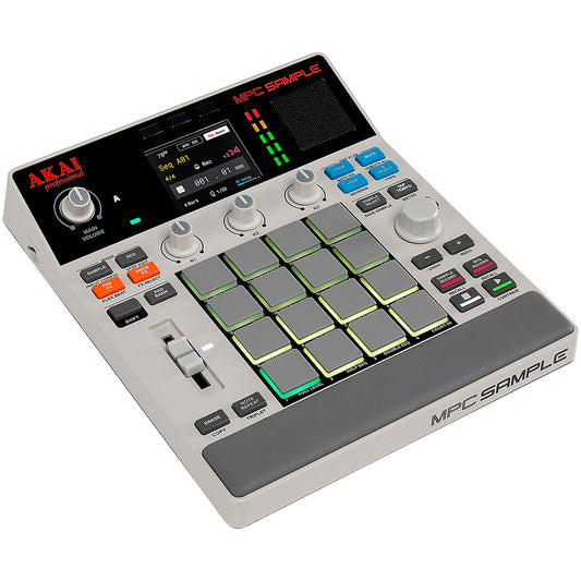 Akai MPC Sample sampler standalone con 16 pads RGB, vista en ángulo