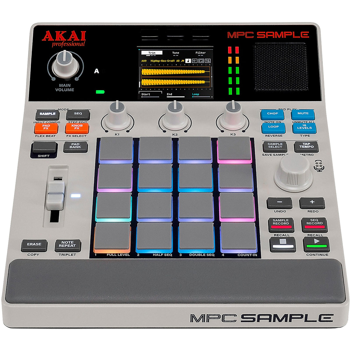 Akai MPC Sample de frente con los pads iluminados de colores