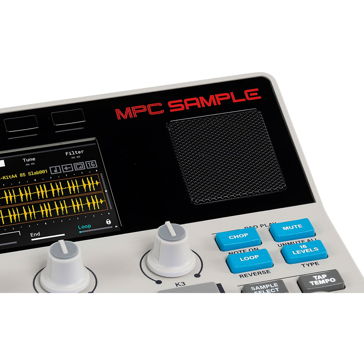 Detalle de la pantalla y el parlante del Akai MPC Sample