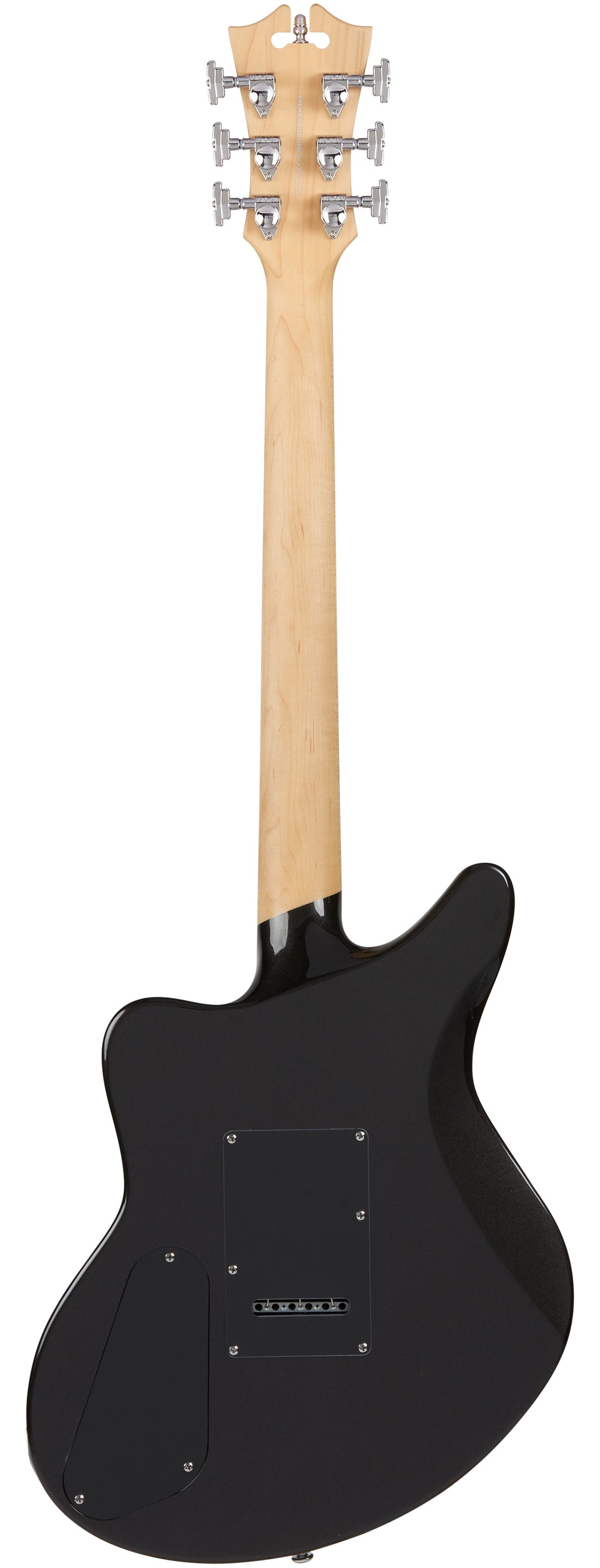 Parte trasera de la guitarra D'Angelico Premier Bedford Black Flake con mástil de arce natural y clavijero, sobre fondo blanco