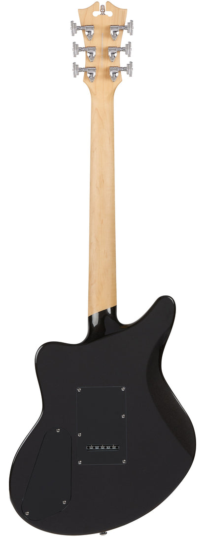 Parte trasera de la guitarra D'Angelico Premier Bedford Black Flake con mástil de arce natural y clavijero, sobre fondo blanco