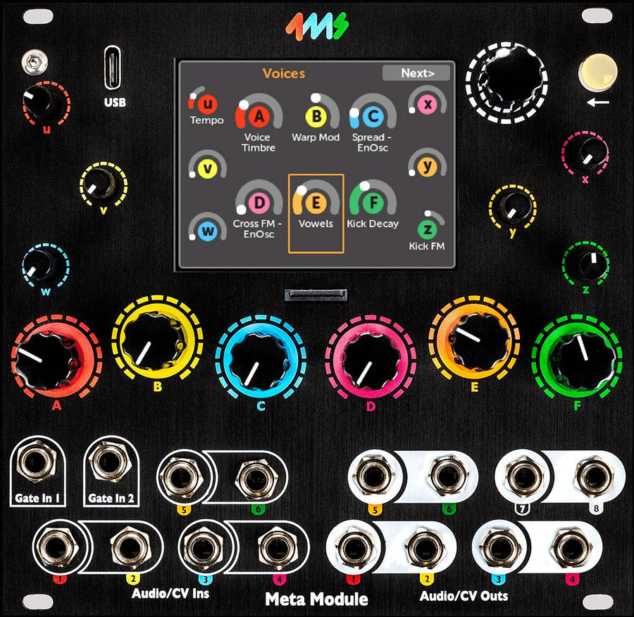 Panel del 4ms MetaModule, con pantalla y perillas de colores
