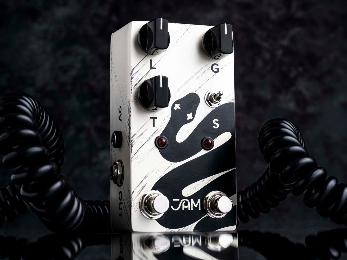 Pedal JAM Rattler mk.2, blanco con una serpiente negra pintada
