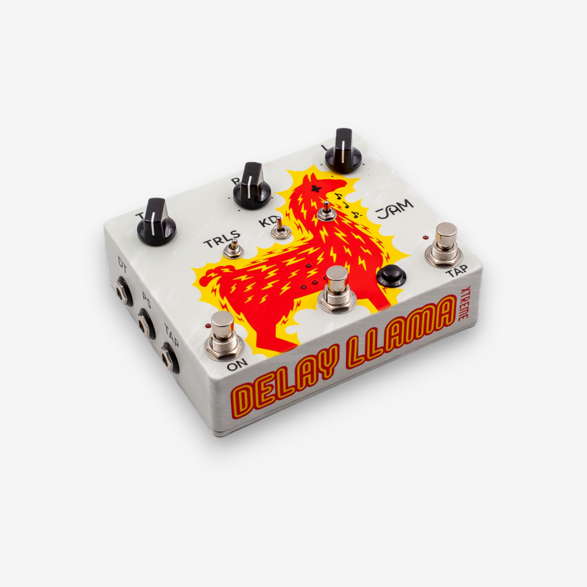 JAM Pedals Delay Llama XTREME, vista 3/4 frontal con sus tres footswitches