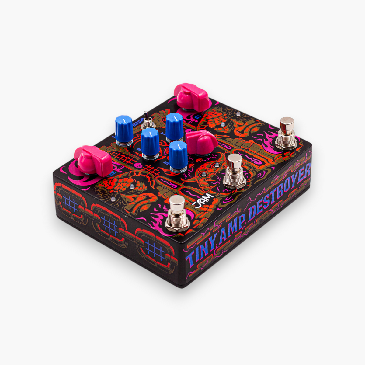 JAM Pedals Tiny Amp Destroyer, vista 3/4 con el nombre del pedal en el costado