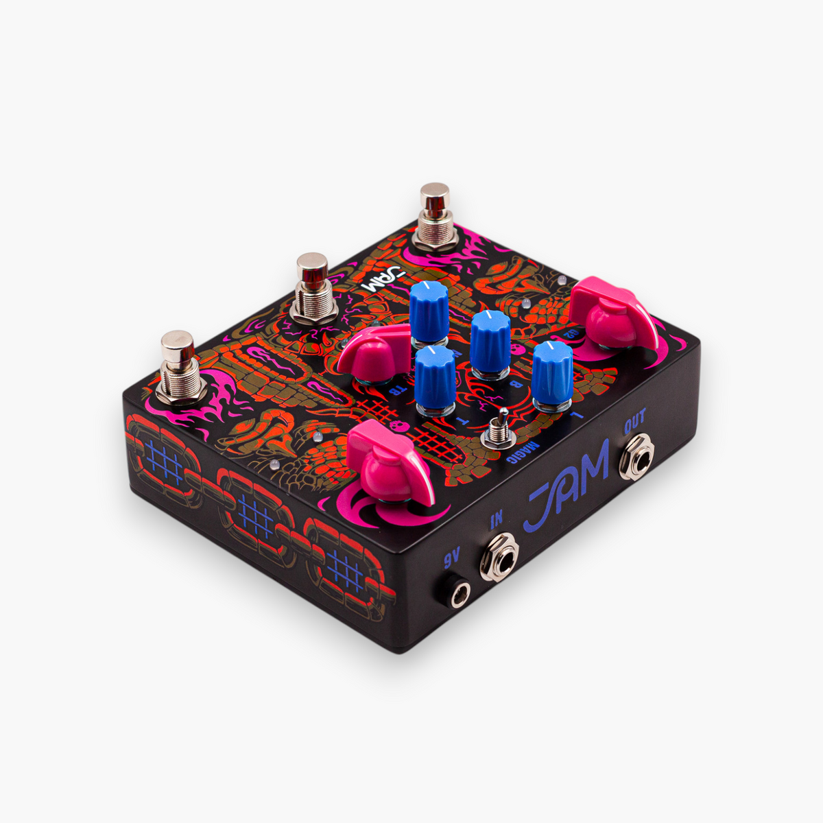 JAM Pedals Tiny Amp Destroyer, vista 3/4 posterior desde el lado opuesto