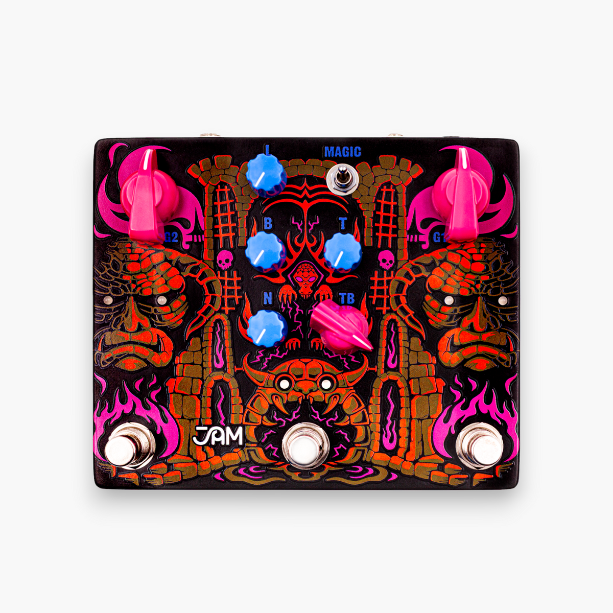 JAM Pedals Tiny Amp Destroyer x Stu Mackenzie, vista frontal sobre fondo blanco con sus tres footswitches