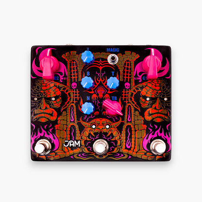 JAM Pedals Tiny Amp Destroyer x Stu Mackenzie, vista frontal sobre fondo blanco con sus tres footswitches