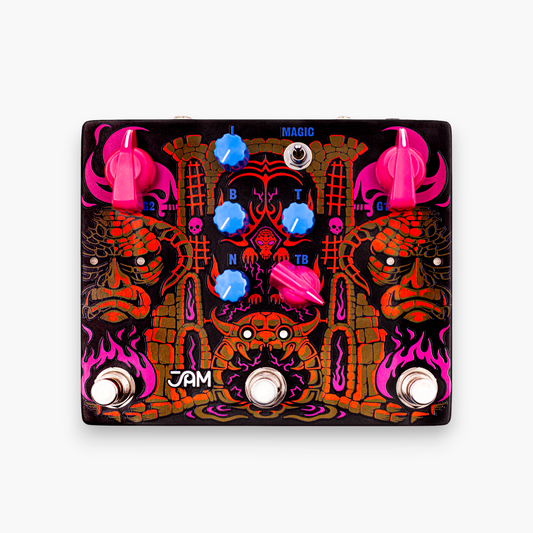 JAM Pedals Tiny Amp Destroyer x Stu Mackenzie, vista frontal sobre fondo blanco con sus tres footswitches