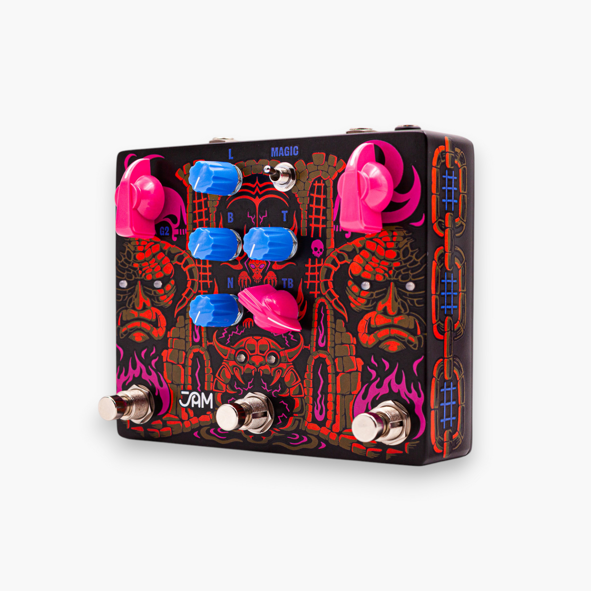 JAM Pedals Tiny Amp Destroyer, vista frontal girada con el arte original de Jason Galea