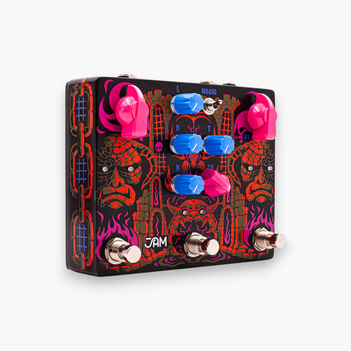 JAM Pedals Tiny Amp Destroyer, vista frontal girada con sus perillas fucsia y azules