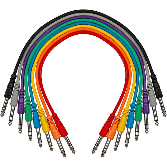 Pack de 8 cables patch Livewire Essential TRS de 1/4 pulgada en colores distintos: negro, gris, morado, verde, azul, amarillo, naranja y rojo, sobre fondo blanco
