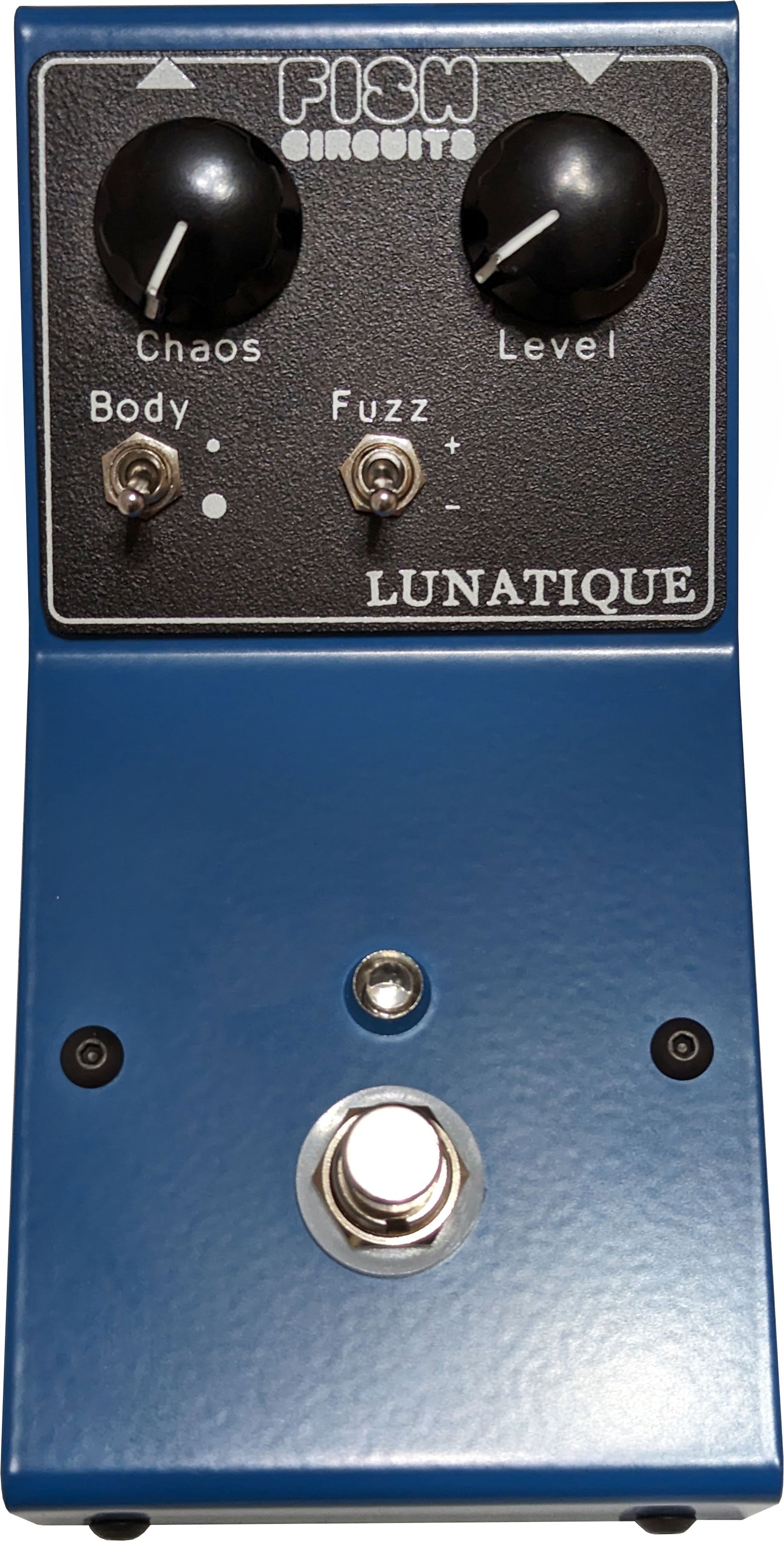 Fish Circuits Lunatique gated fuzz — vista superior de controles Chaos, Level, Body y Fuzz