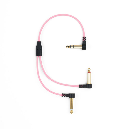 Cable splitter myVolts Candycords ACV39PI de 25 cm en color rosa Marshmallow, con un jack estéreo angulado y dos jacks mono angulados
