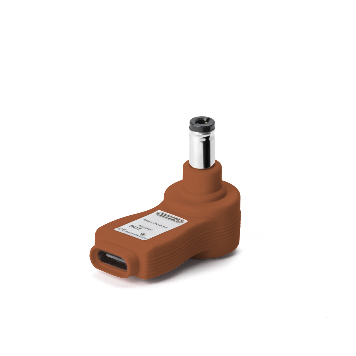 Punta myVolts Step-Up PDT06N1 de 6V DC en color marrón cobre, vista frontal con el puerto USB-C y la etiqueta de especificaciones