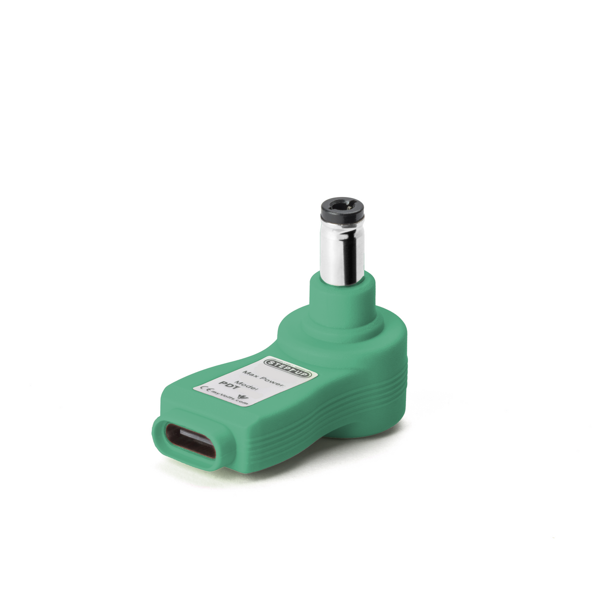 Punta myVolts Step-Up PDT06P1 de 6V DC en color verde esmeralda, vista frontal con el puerto USB-C y la etiqueta de especificaciones