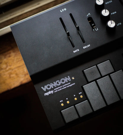 Controles del Vongon Replay negro: LFO, filtro, envolvente y arpegiador