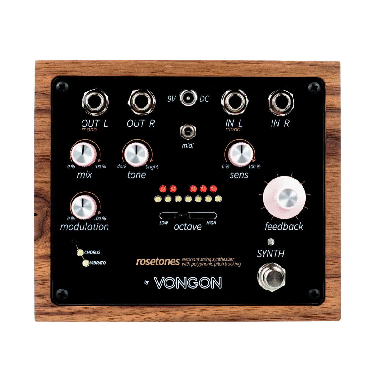 Vongon Rosetones vista frontal: panel negro con perillas rosadas y caja de nogal
