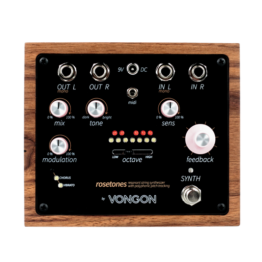 Vongon Rosetones vista frontal: panel negro con perillas rosadas y caja de nogal